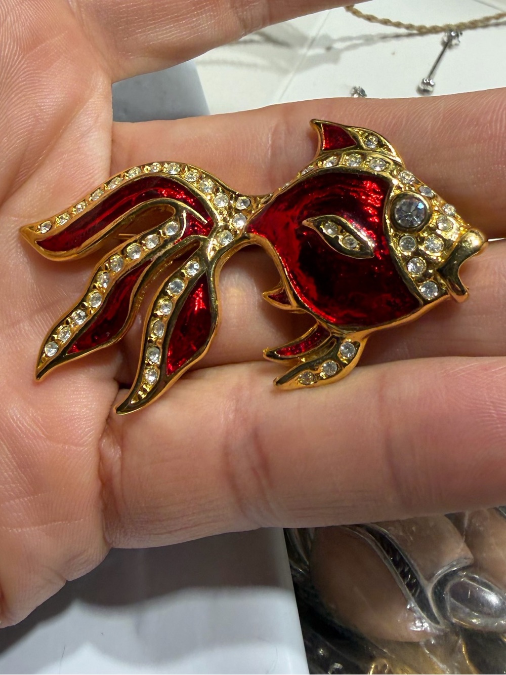 Vintage Swarovski Red and Gold Crystals Fish Brooch